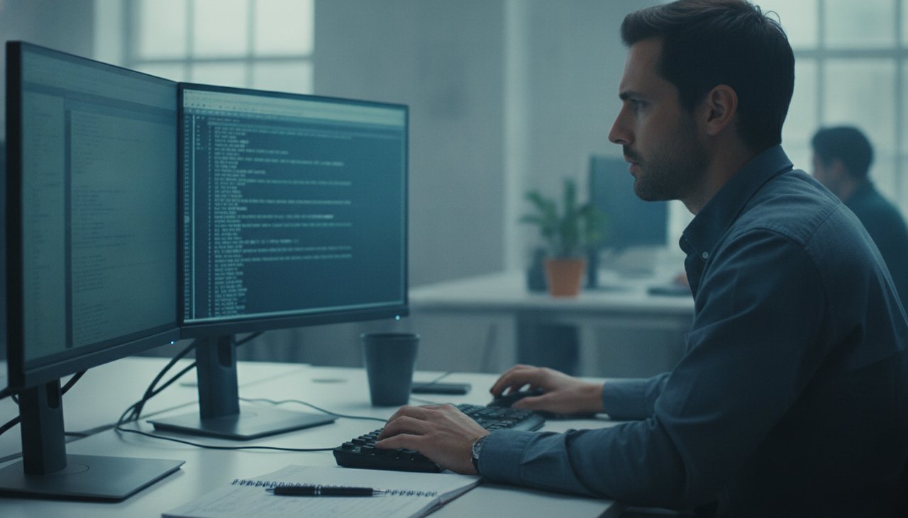 Auditeur cybersécurité analysant les systèmes d'information d'une PME lors d'un audit NIS2