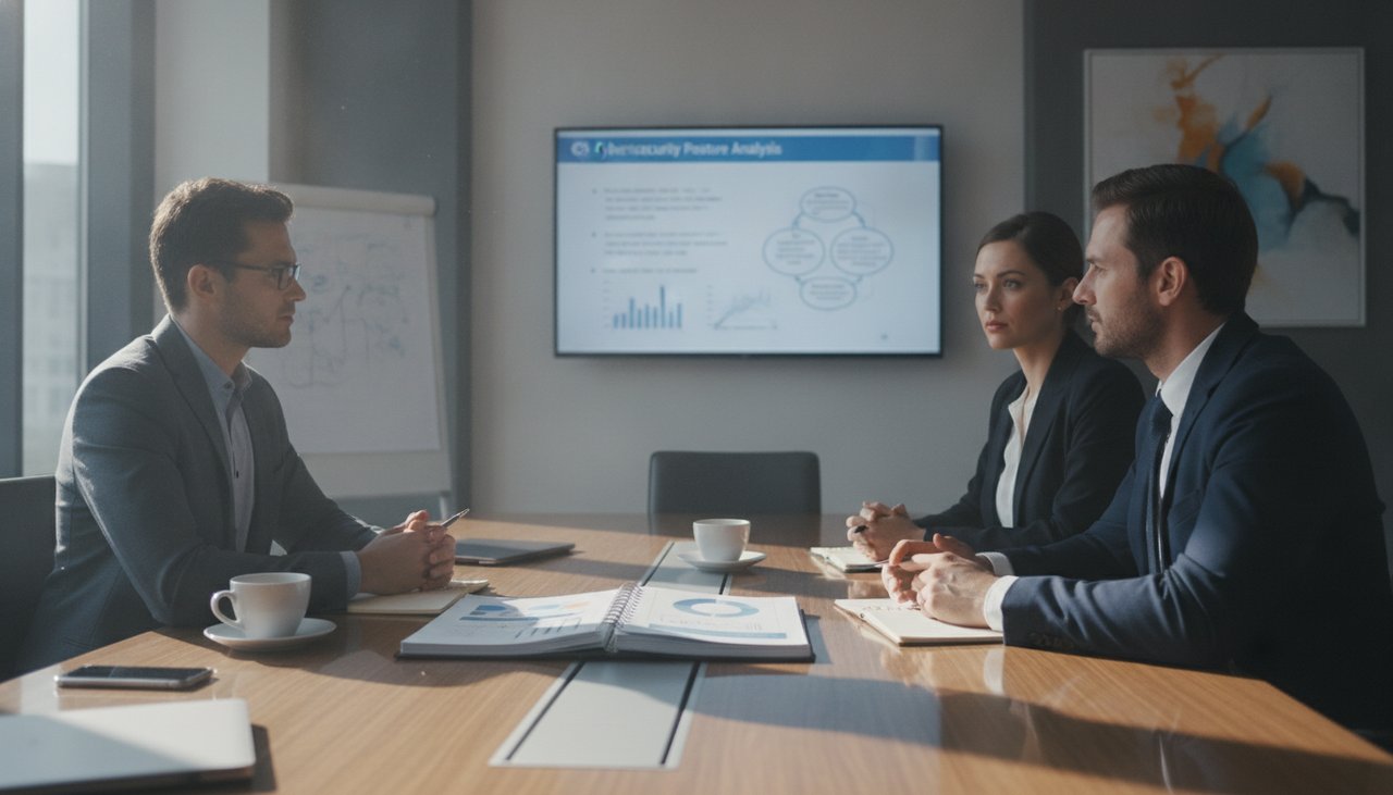 Réunion de restitution d'audit NIS2 avec le dirigeant d'une PME et un consultant cybersécurité, plan de remédiation affiché