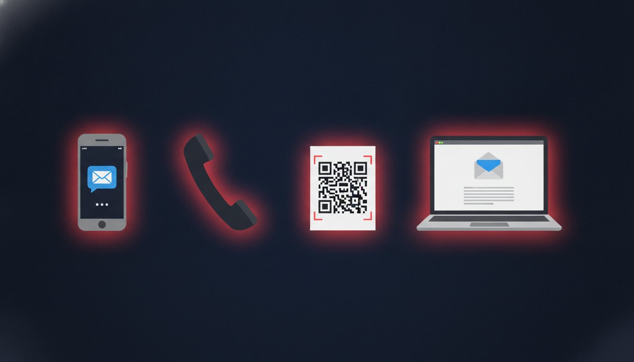 Illustration des différentes variantes du phishing : smishing, vishing, quishing, spear phishing