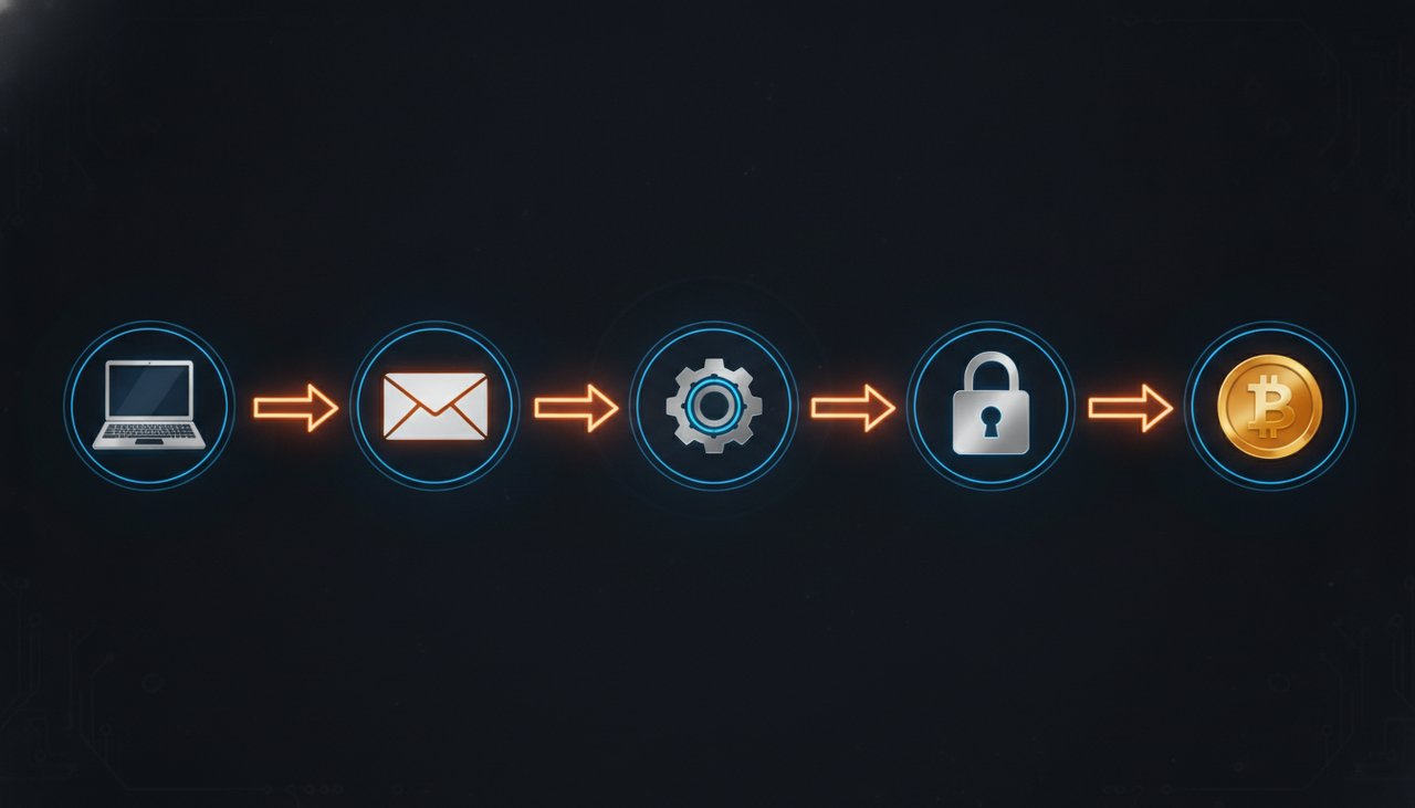 Schéma des étapes d'une attaque ransomware — infection, chiffrement, demande de rançon