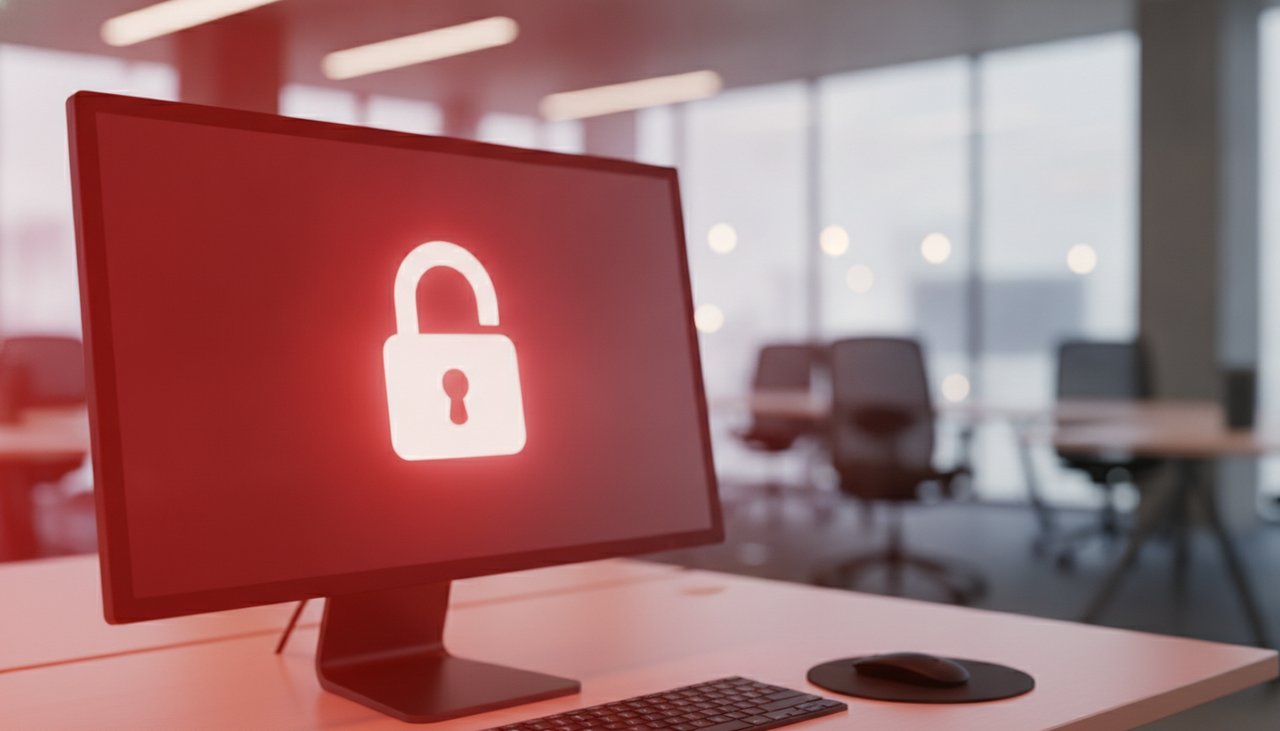 Illustration d'un écran affichant un message de rançon ransomware dans un bureau de PME