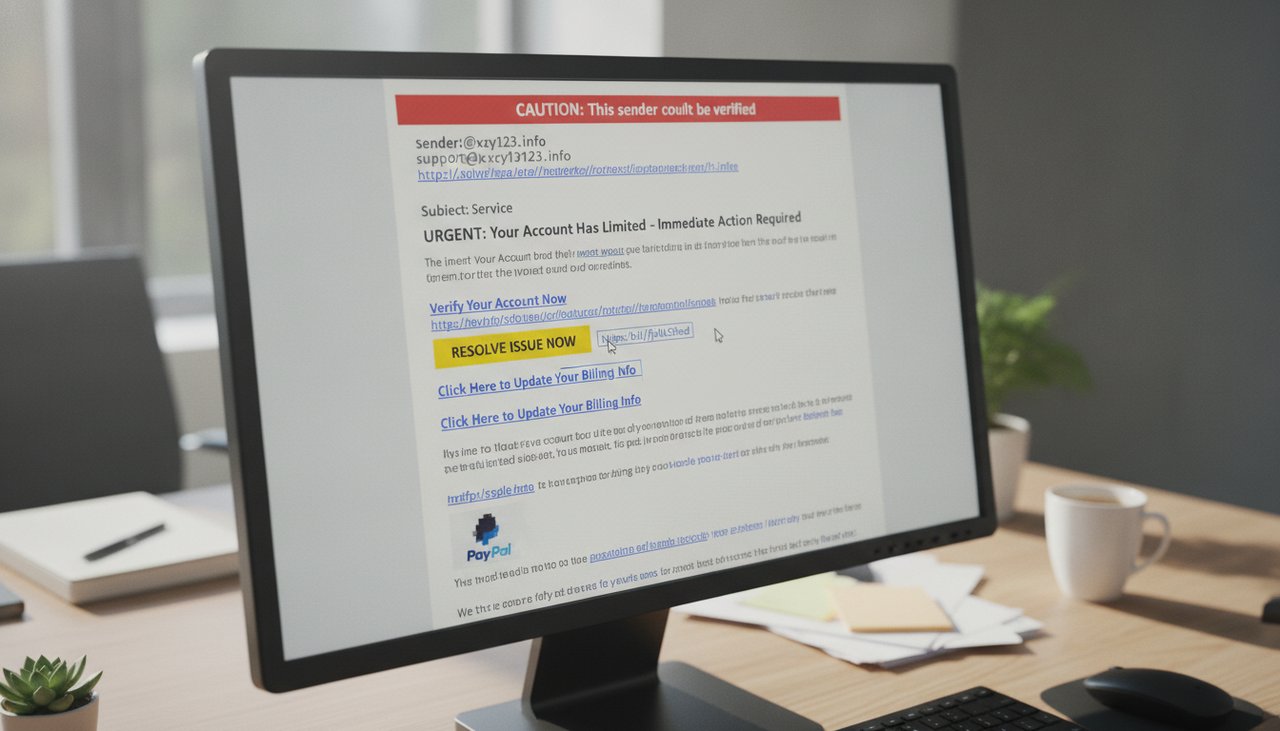 Collaborateur face à un e-mail de phishing sur son écran d'ordinateur en open space