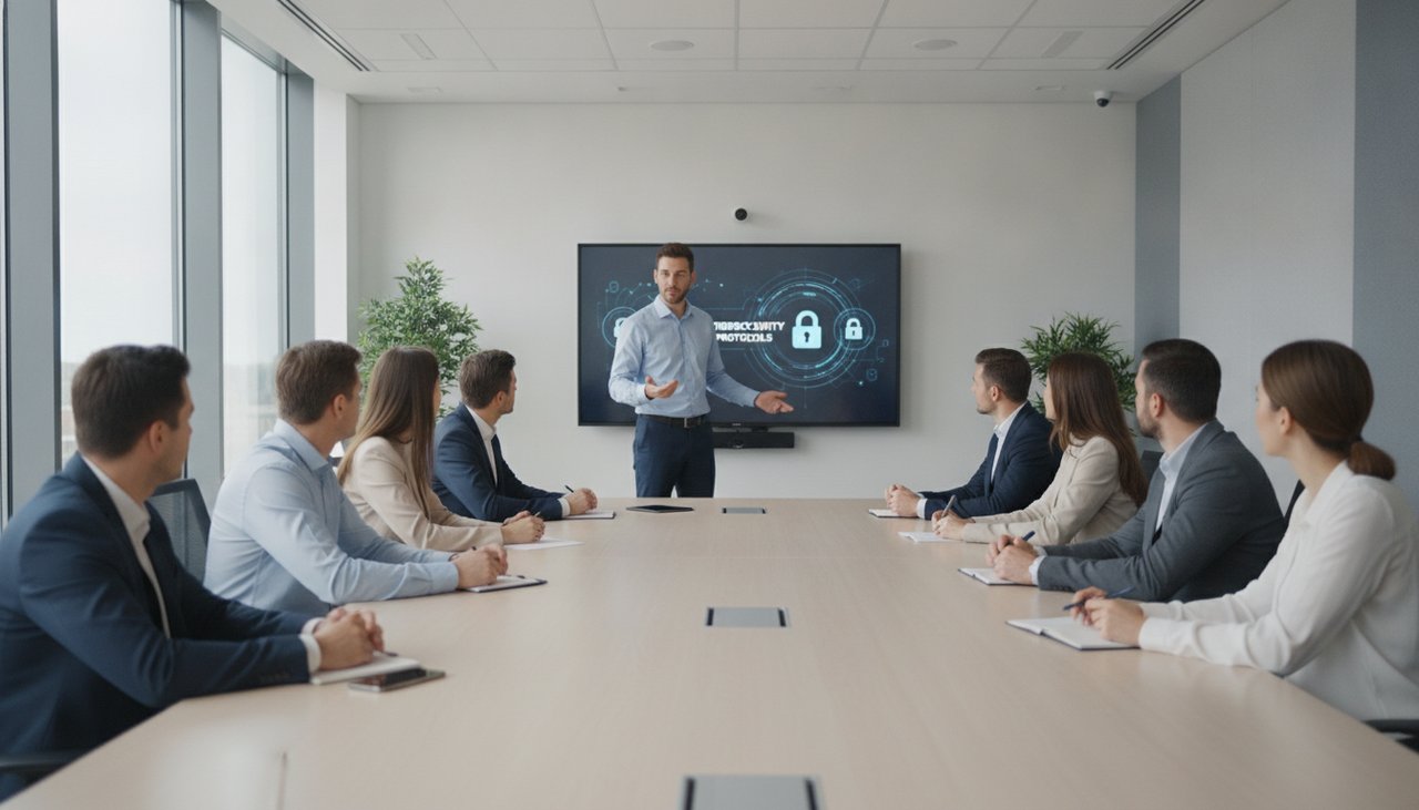 Animateur présentant un module de sensibilisation cybersécurité à une équipe en salle de formation