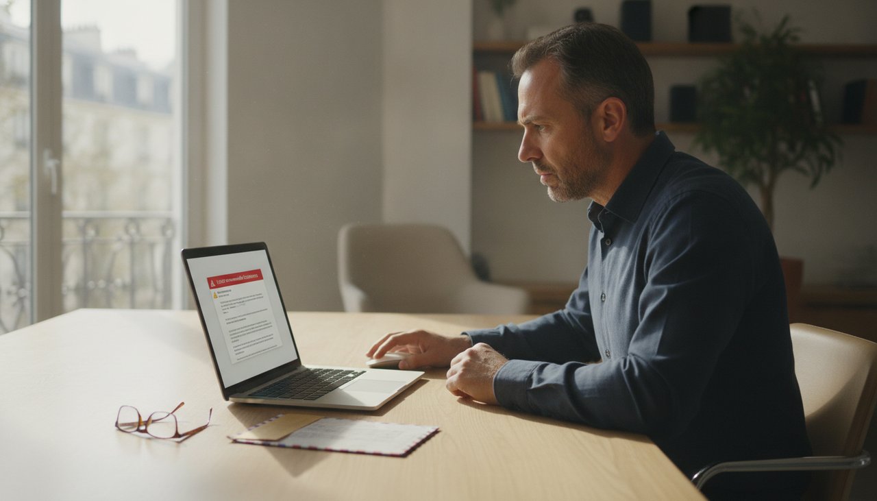Dirigeant de PME vérifiant un e-mail AR24 suspect de lettre recommandée électronique pour détecter un phishing