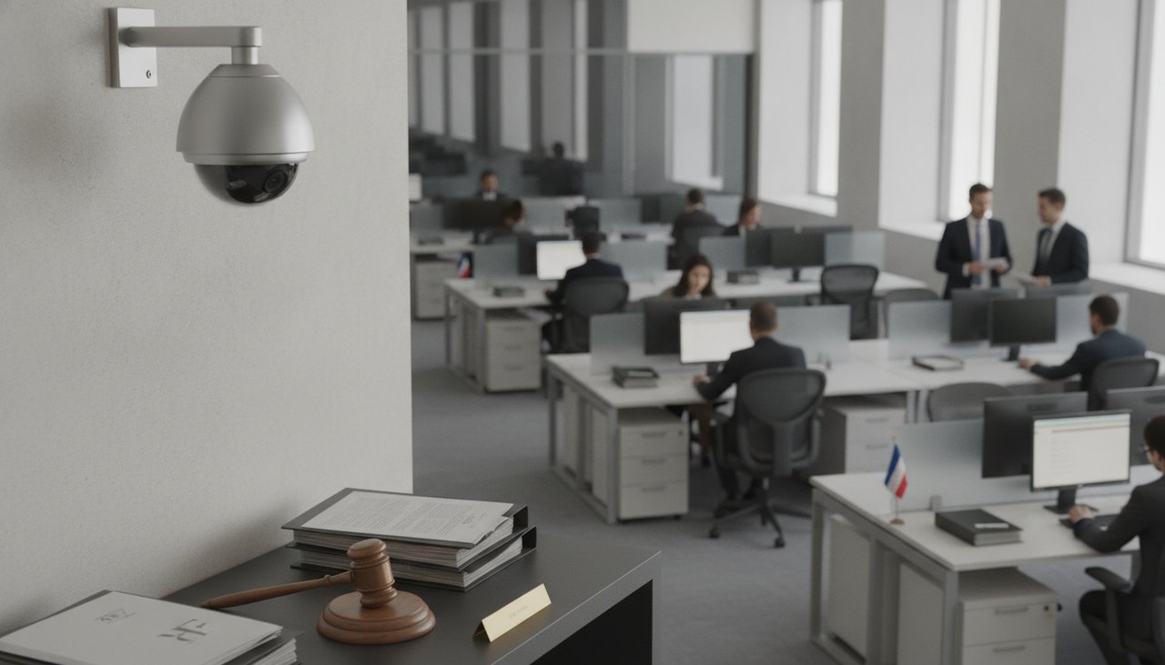 Caméra de vidéosurveillance filmant un bureau et documents juridiques CNIL