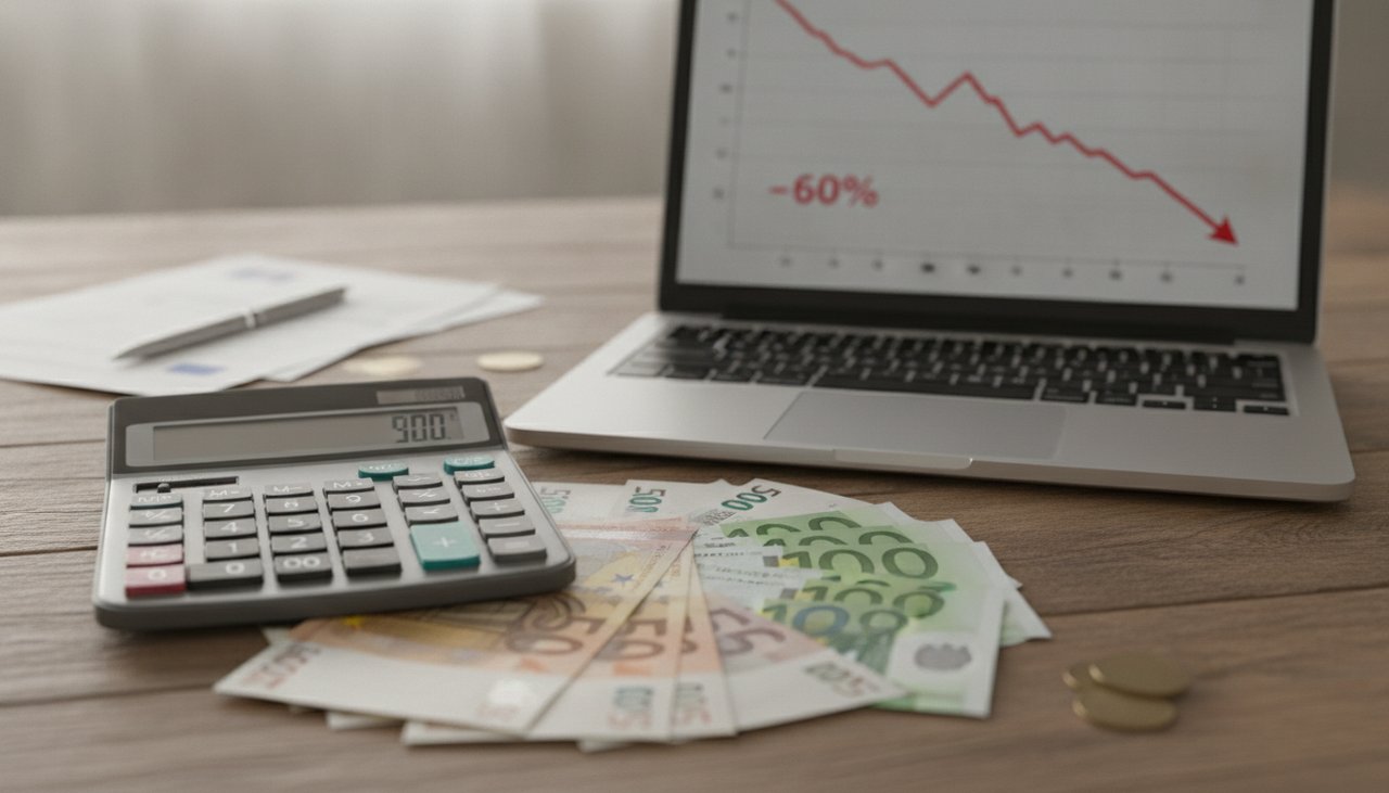 Calculatrice, billets en euros et ordinateur affichant une perte financière