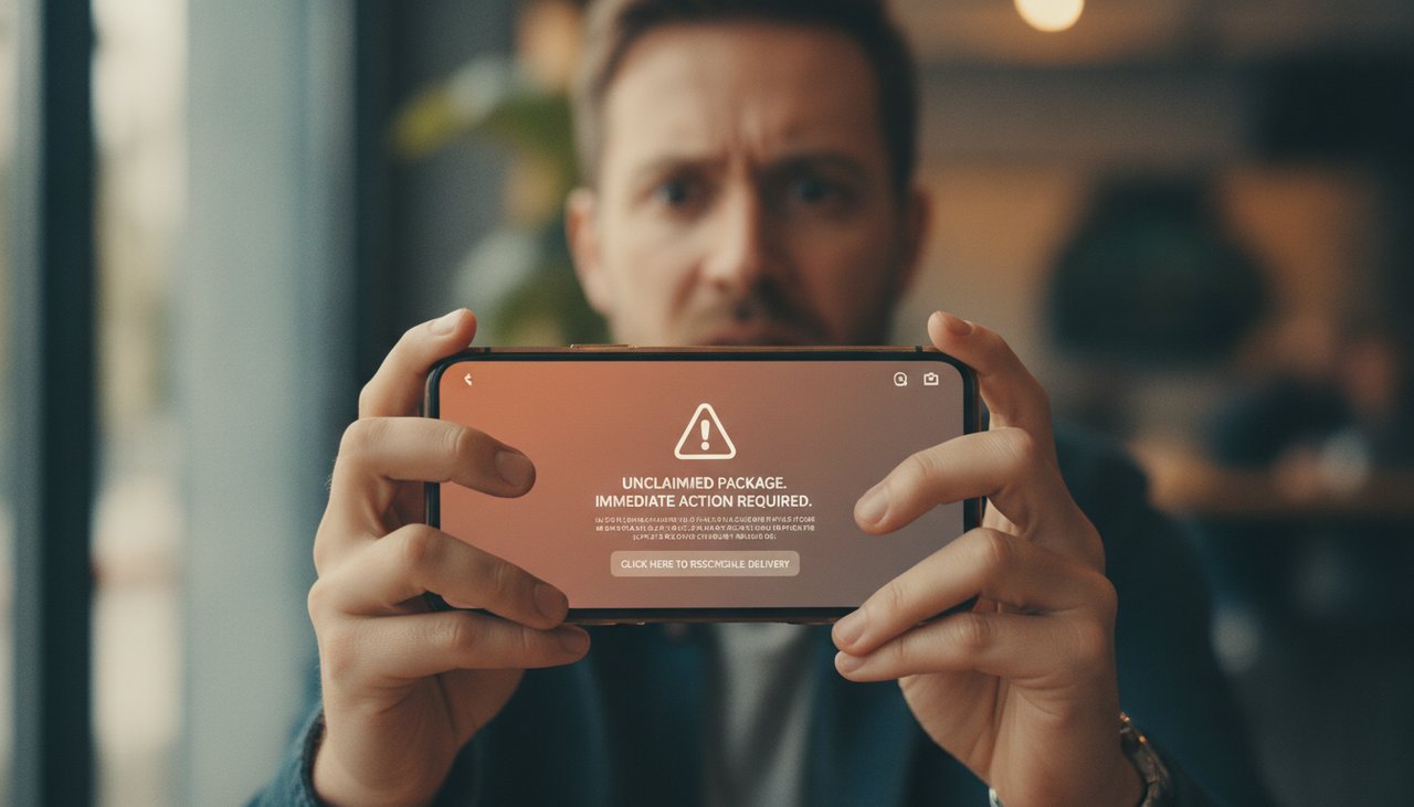 Hameçonnage par SMS : faux SMS de livraison de colis affiché sur un smartphone