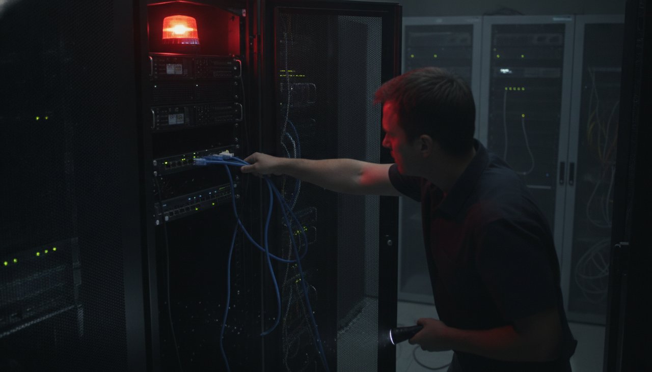 Technicien informatique isolant en urgence un serveur du réseau après une attaque ransomware