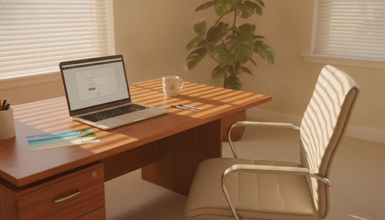 Bureau de petite entreprise vide en été avec un ordinateur portable resté allumé
