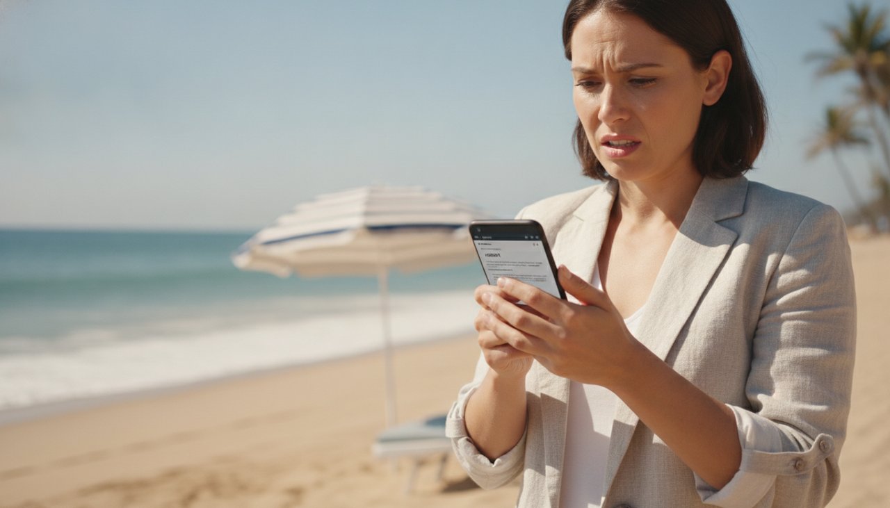 Écran de smartphone affichant un faux SMS de phishing et un QR code piégé reçus pendant les vacances