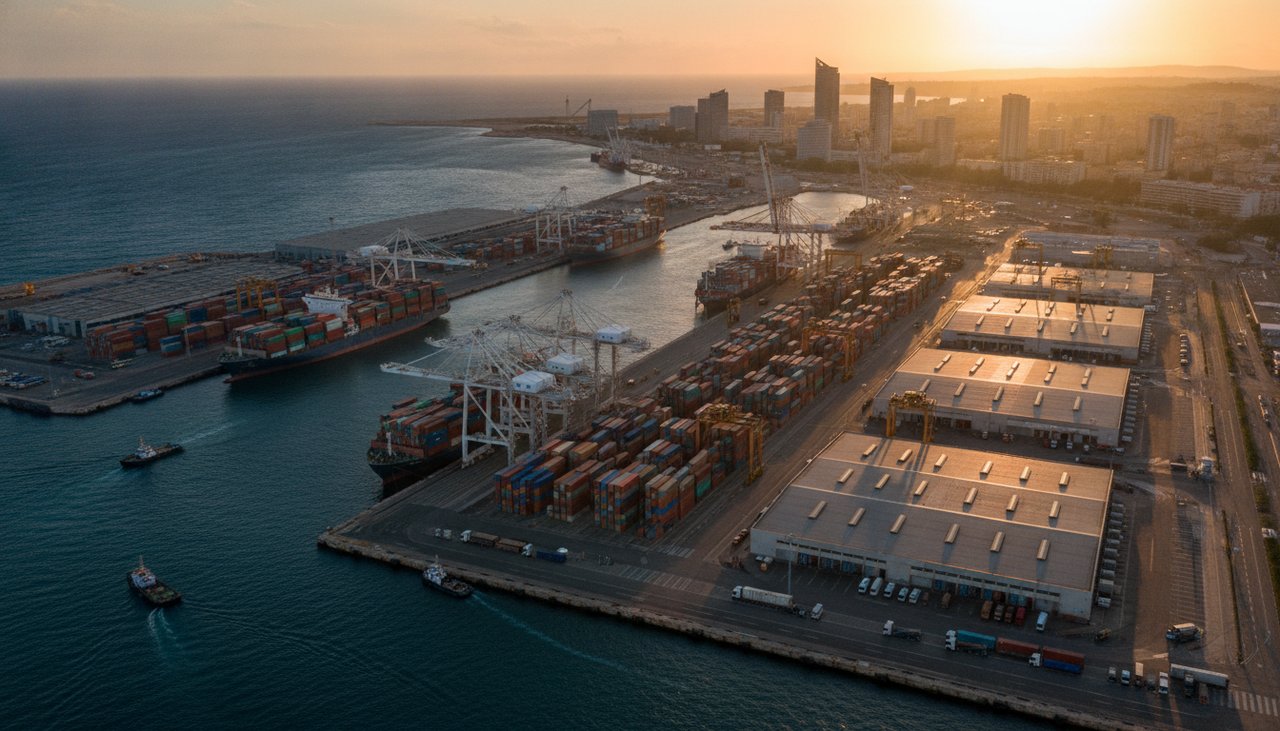 Vue aérienne du port de Marseille, terminaux à conteneurs et quartier d'affaires Euroméditerranée