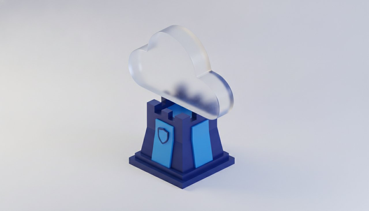Illustration 3D d'un nuage en verre dépoli posé sur un socle fortifié bleu marine, symbolisant le cloud souverain